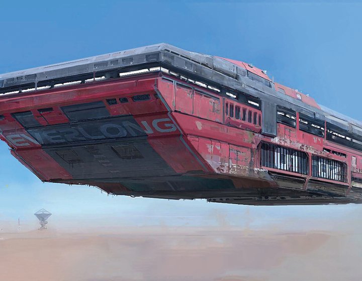 A flying ship in computer graphics above a desert