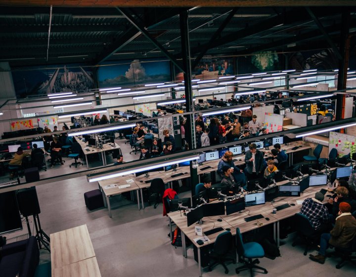 Aerial view of the Games Academy computer suite at Falmouth University