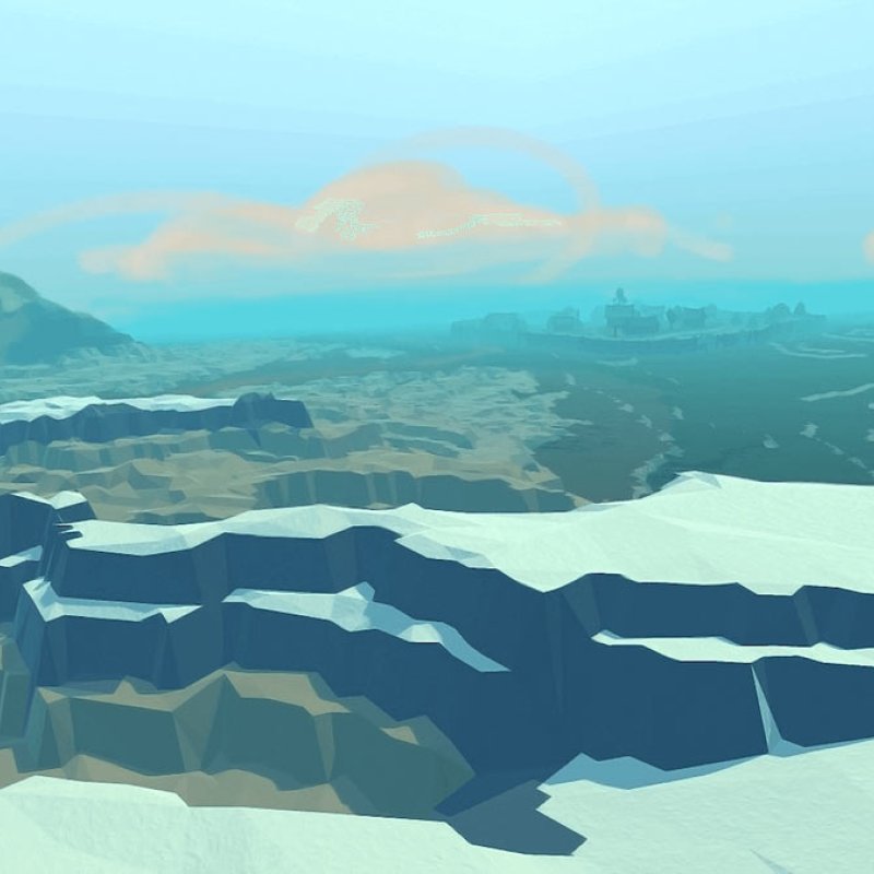 Digital illustration of mountain scene with cloud made with various hues of blue.